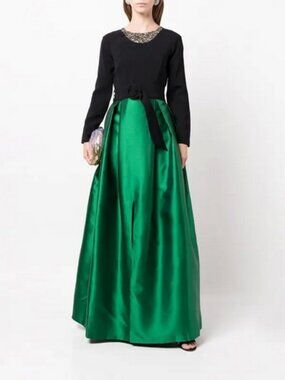 Sachin & Babi Black Emerald Green Desdemona Beaded Tie Waist Gown